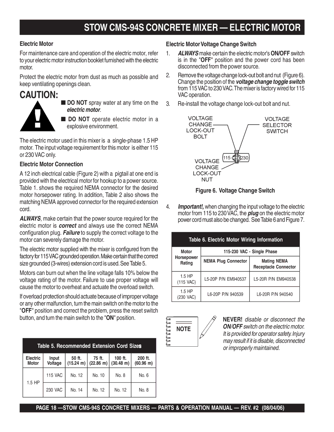 Multiquip CMS-94S manual Electric Motor Connection, Electric Motor Voltage Change Switch 