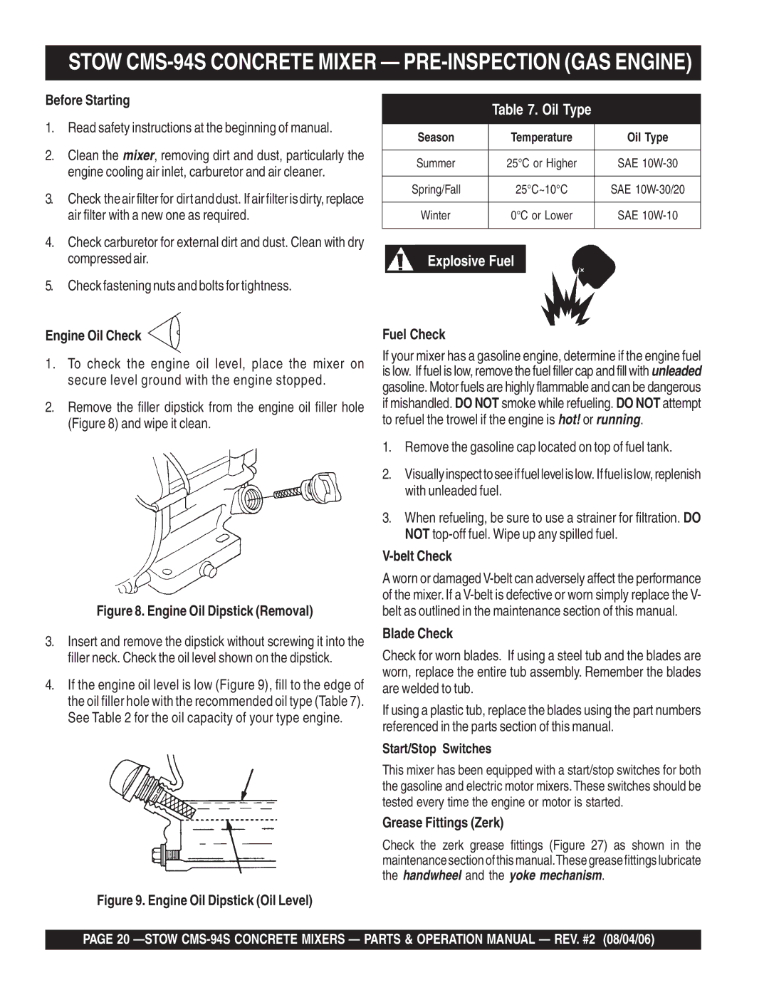 Multiquip manual Stow CMS-94S Concrete Mixer PRE-INSPECTION GAS Engine 