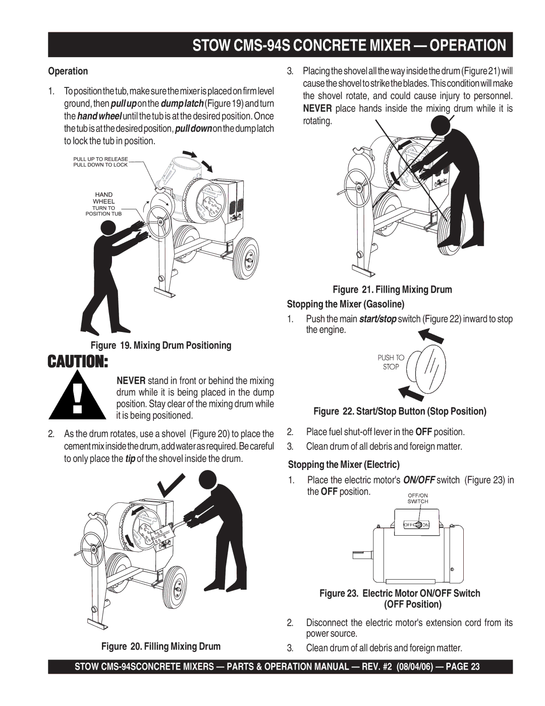 Multiquip manual Stow CMS-94S Concrete Mixer Operation, Stopping the Mixer Electric 