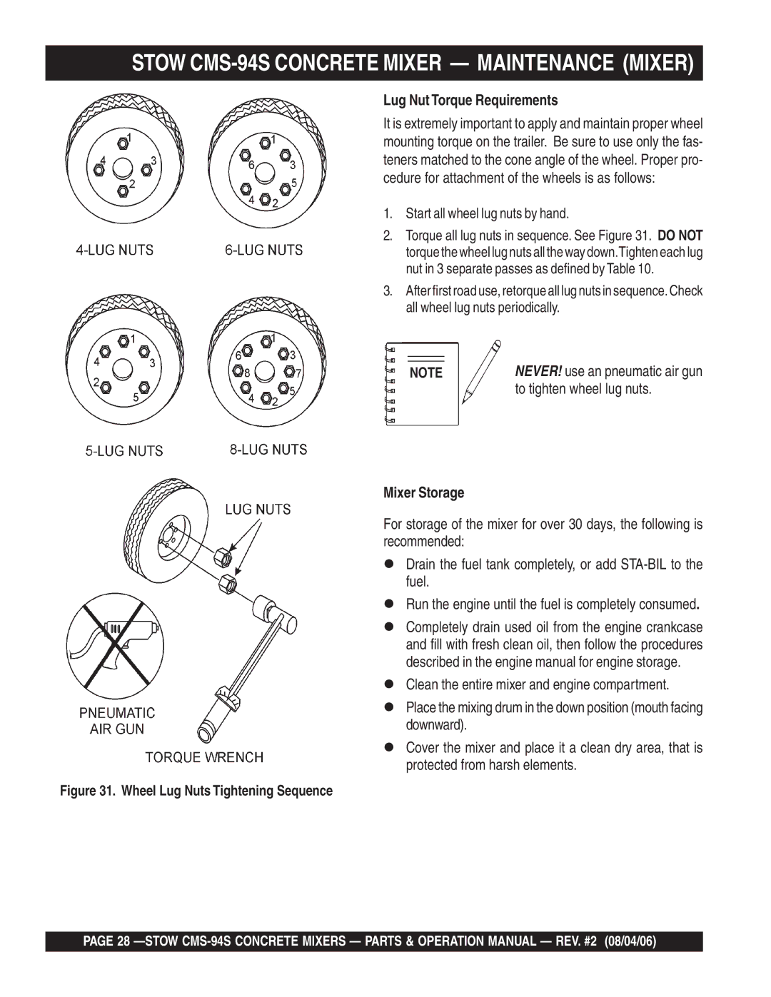 Multiquip CMS-94S manual To tighten wheel lug nuts 