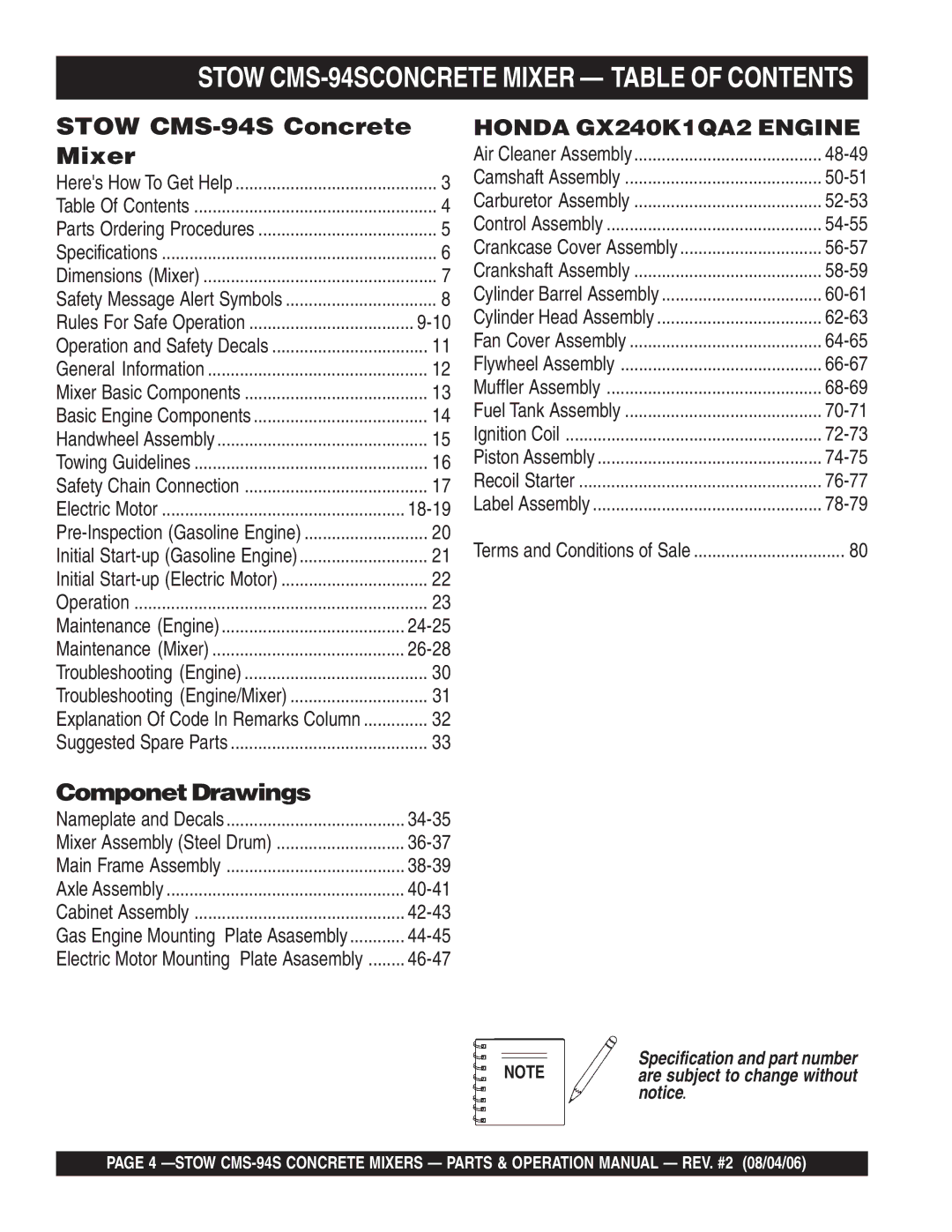 Multiquip manual Stow CMS-94SCONCRETE Mixer Table of Contents 