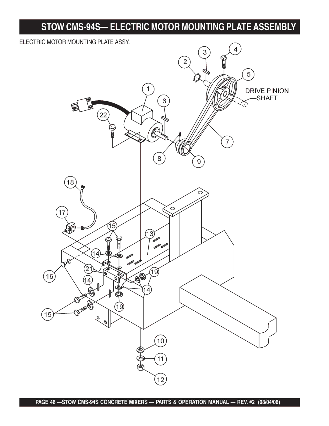 Multiquip manual Stow CMS-94S- Electric Motor Mounting Plate Assembly, Electric Motor Mounting Plate Assy 