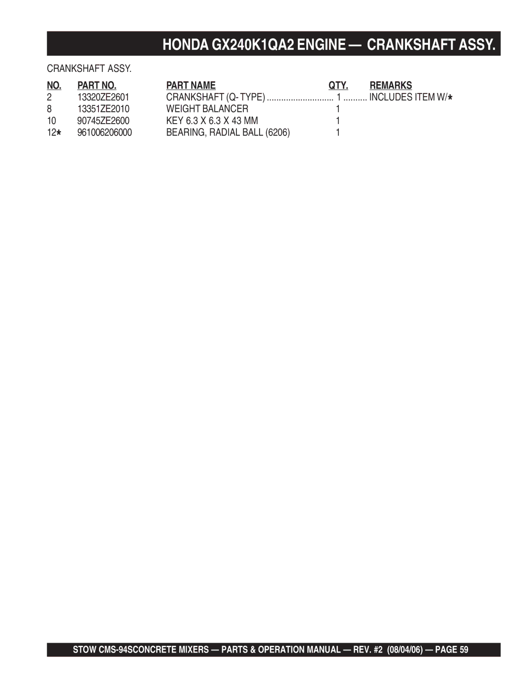 Multiquip CMS-94S manual Honda GX240K1QA2 Engine Crankshaft Assy, Weight Balancer 