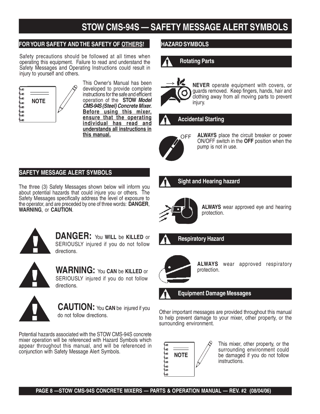 Multiquip manual Stow CMS-94S Safety Message Alert Symbols 