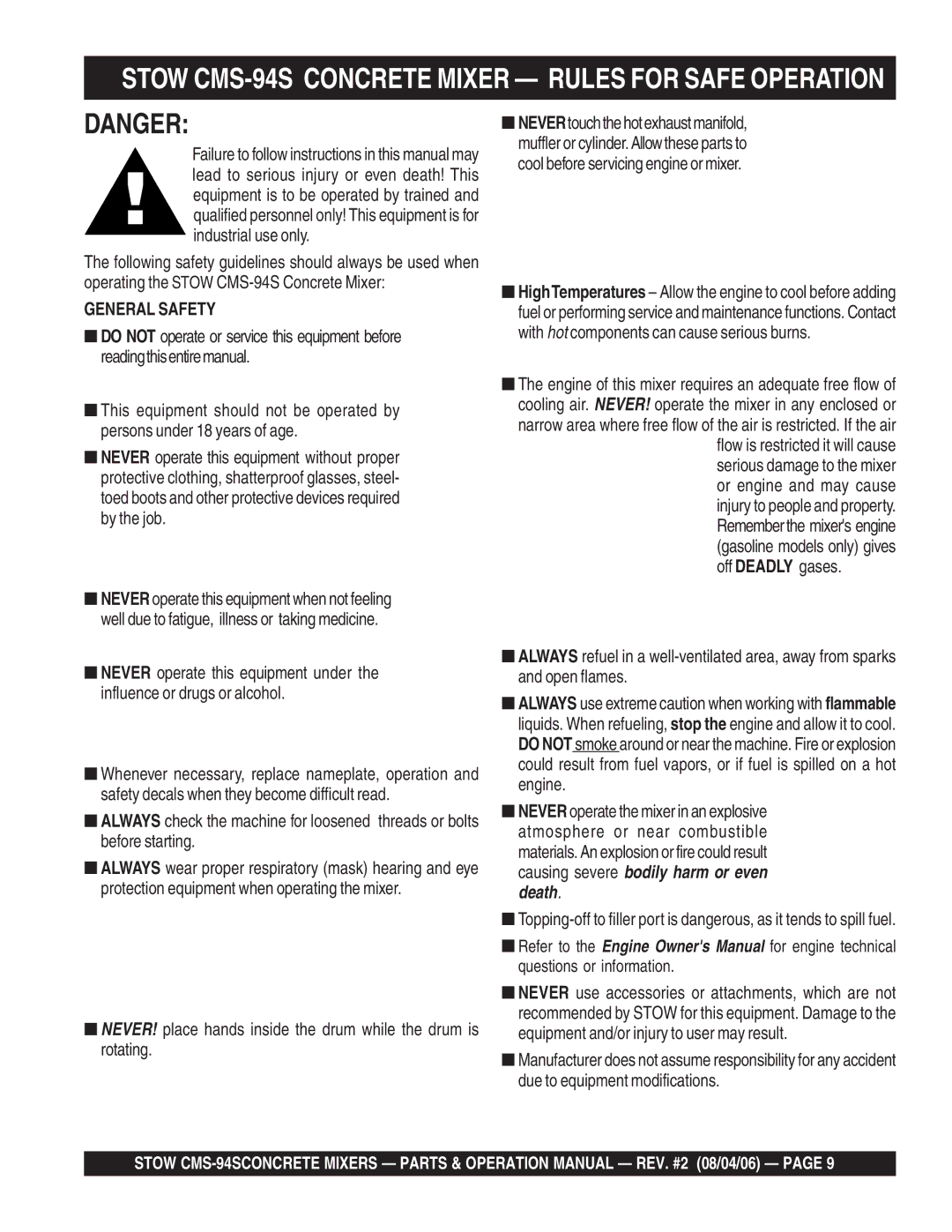 Multiquip manual Stow CMS-94S Concrete Mixer Rules for Safe Operation, General Safety 