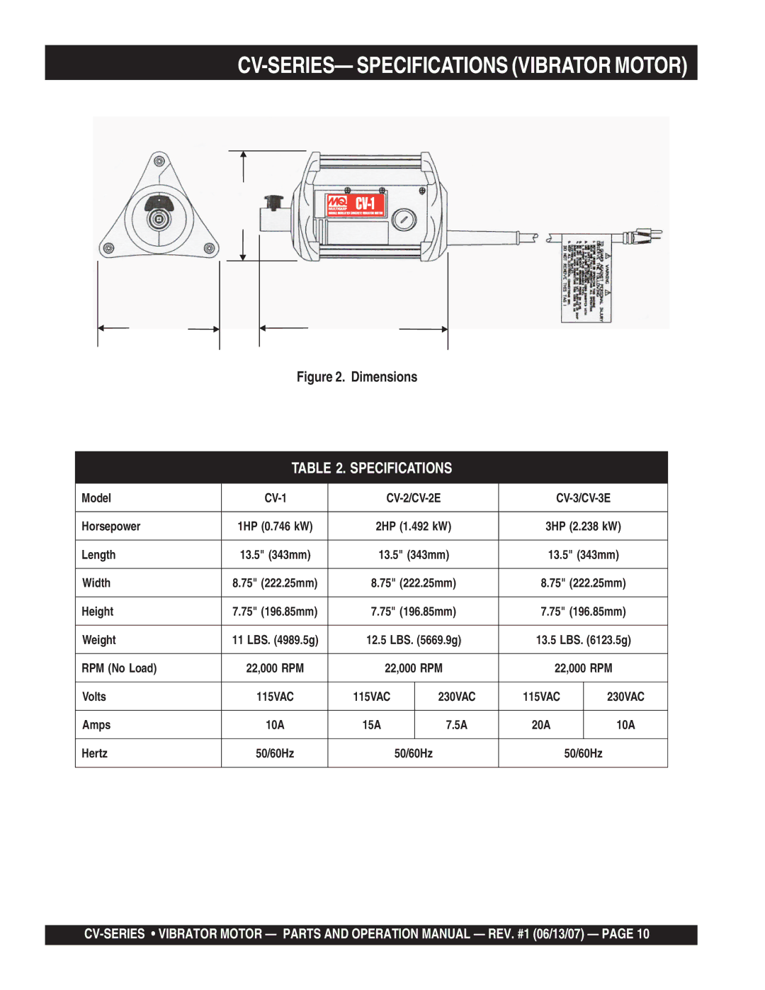 Multiquip CV-1 manual CV-SERIES- Specifications Vibrator Motor, Dimensions 