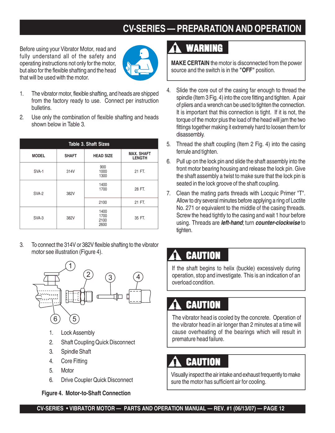 Multiquip CV-1 manual CV-SERIES Preparation and Operation, Motor-to-Shaft Connection 