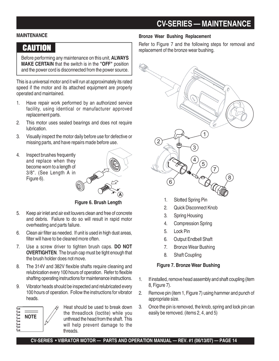 Multiquip CV-1 CV-SERIES Maintenance, Become worn to a length of 3/8. See Length a in Figure, Threadlock loctite while you 