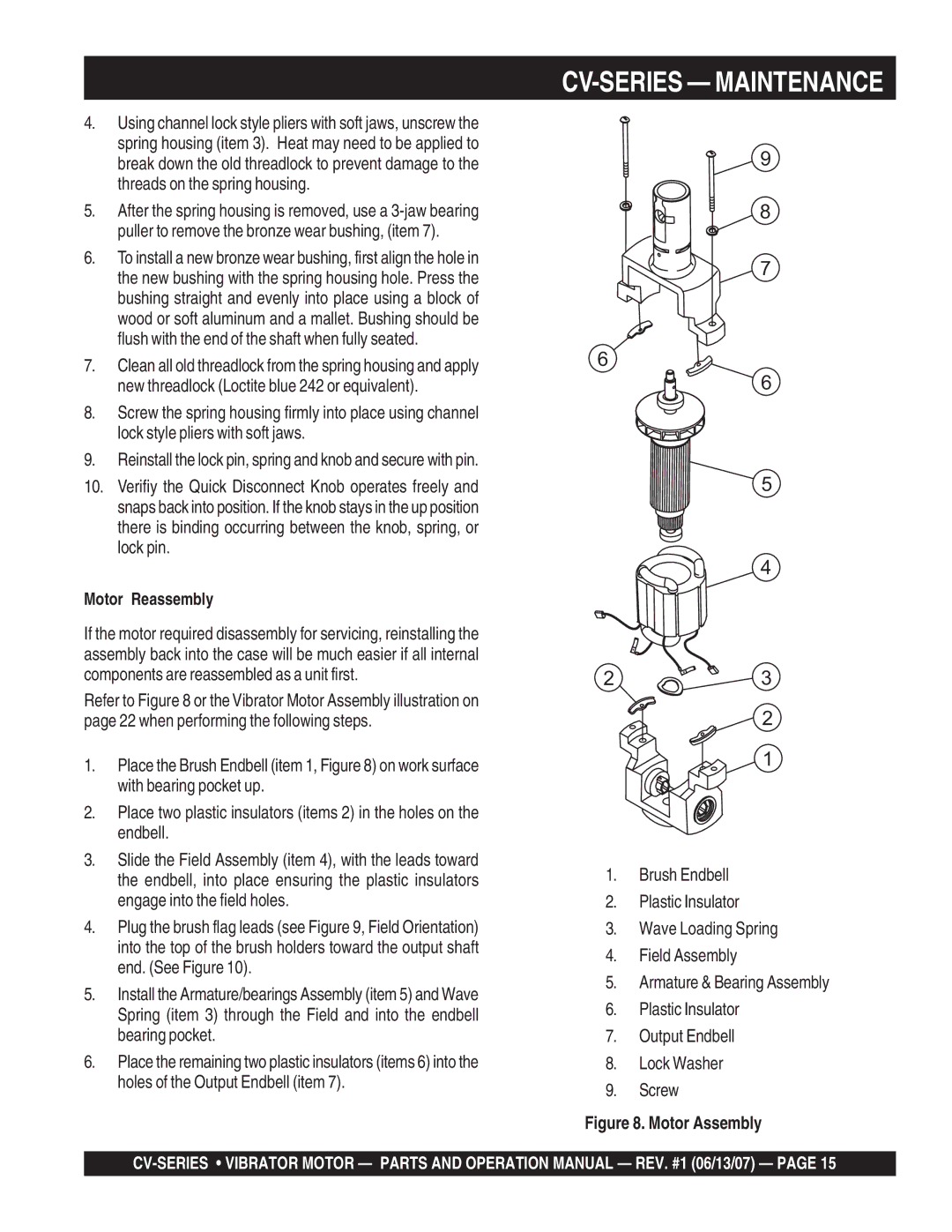 Multiquip CV-1 manual Motor Reassembly, Motor Assembly 