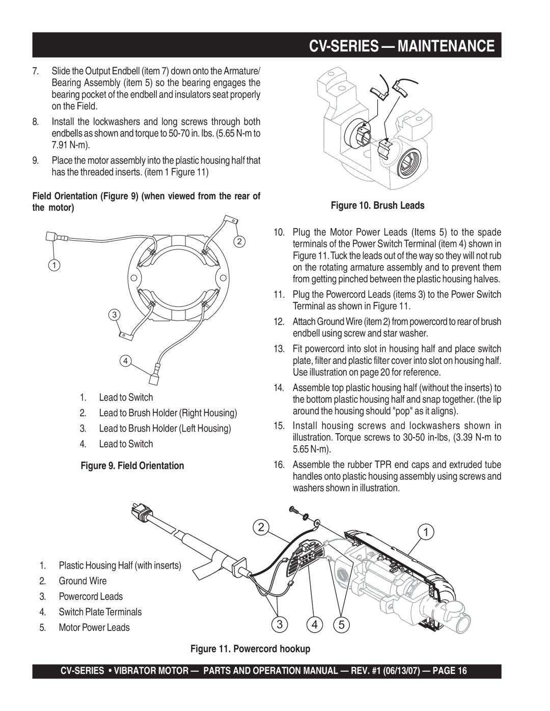 Multiquip CV-1 manual Field Orientation, Brush Leads 