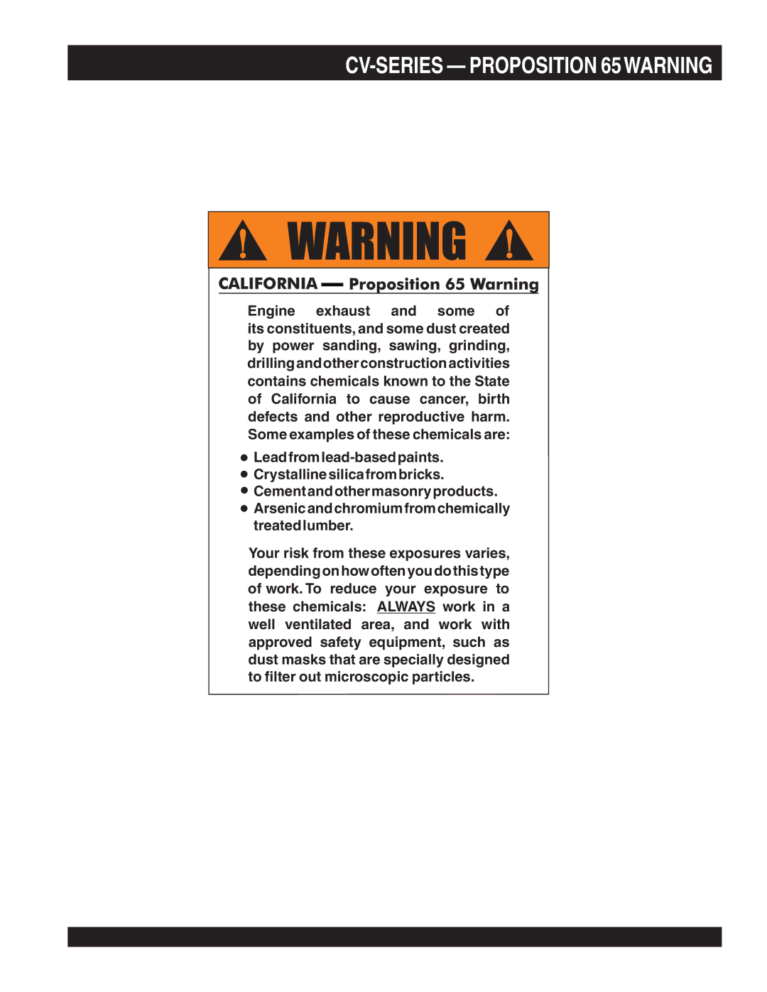 Multiquip CV-1 manual CV-SERIES Proposition 65WARNING 