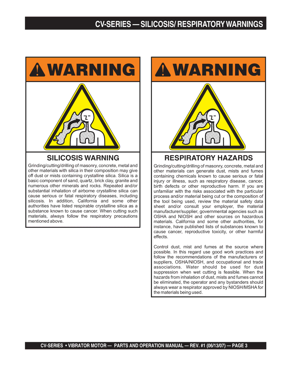 Multiquip CV-1 manual CV-SERIES SILICOSIS/ Respiratorywarnings 