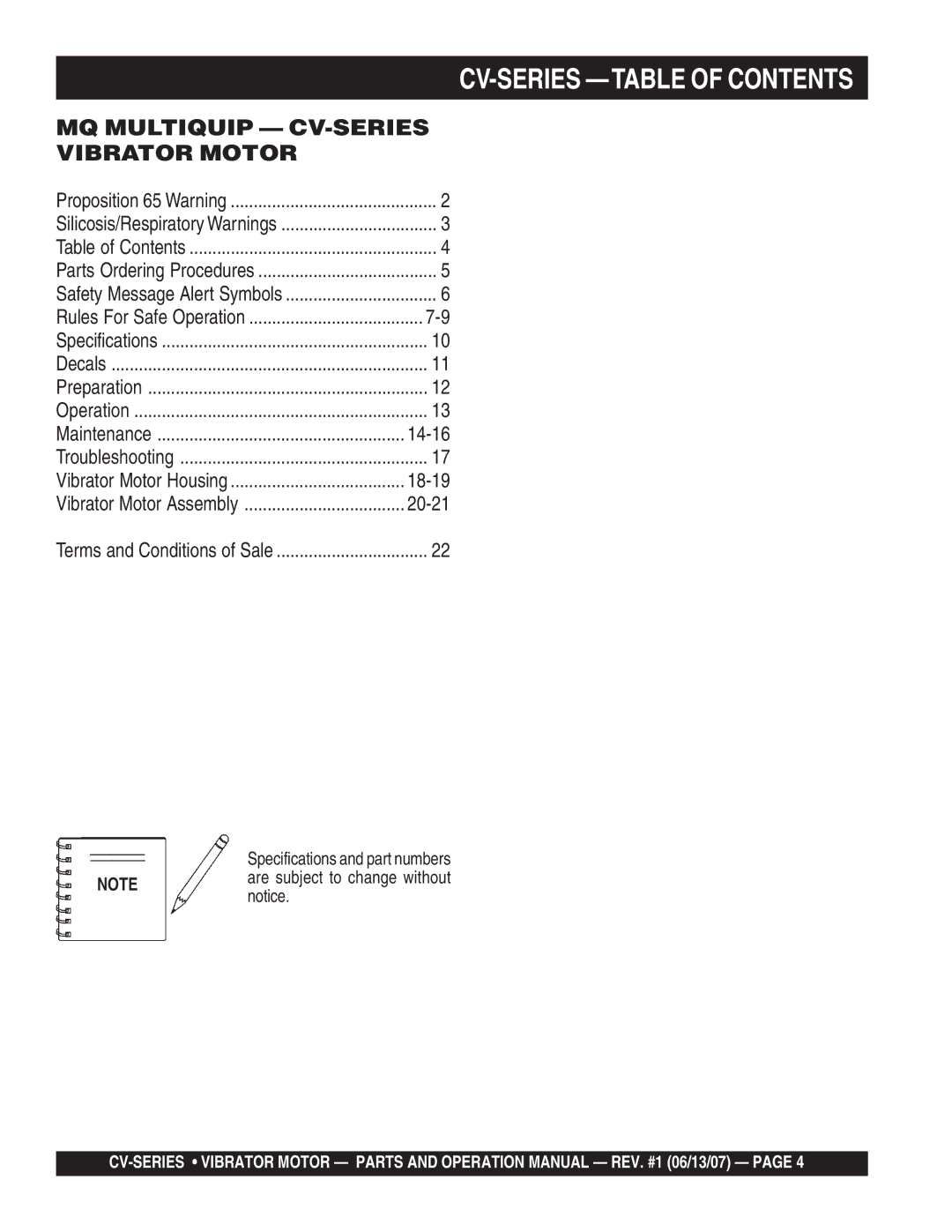 Multiquip CV-1 manual CV-SERIES -TABLE of Contents 