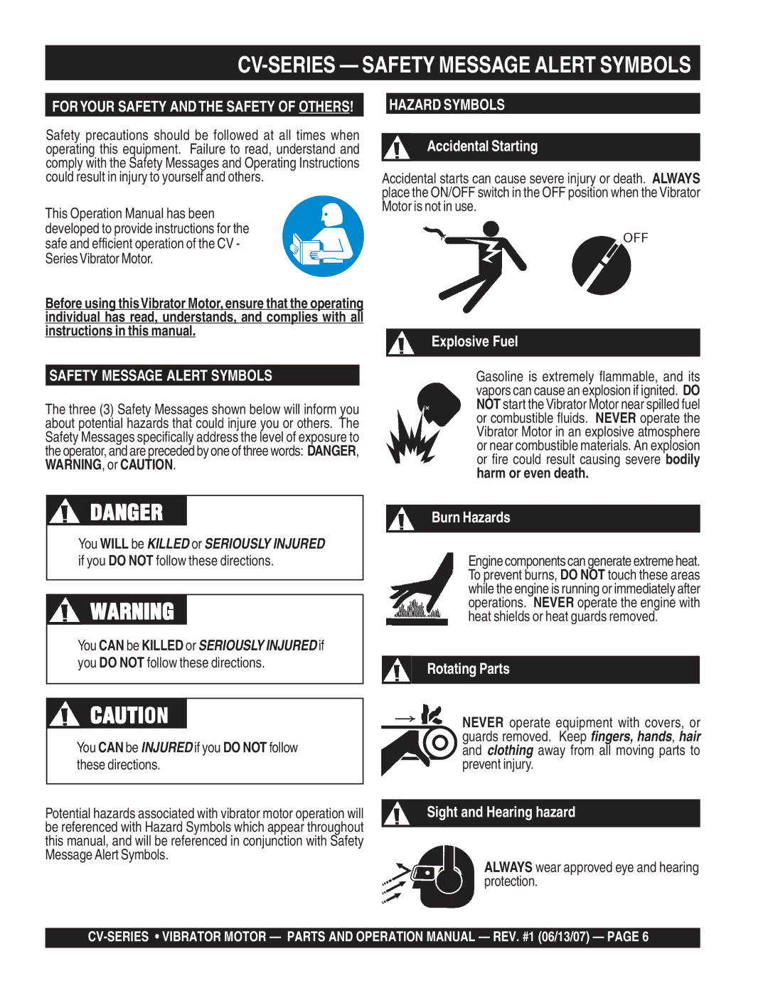 Multiquip CV-1 manual CV-SERIES Safety Message Alert Symbols, You can be Injured if you do not follow these directions 