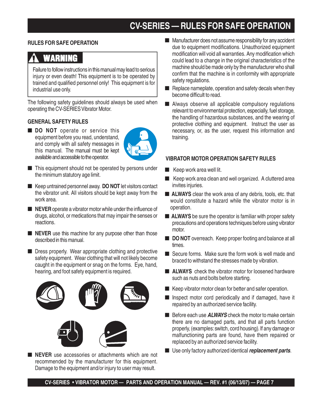 Multiquip CV-1 manual Rules for Safe Operation, General Safety Rules, Do not operate or service this 