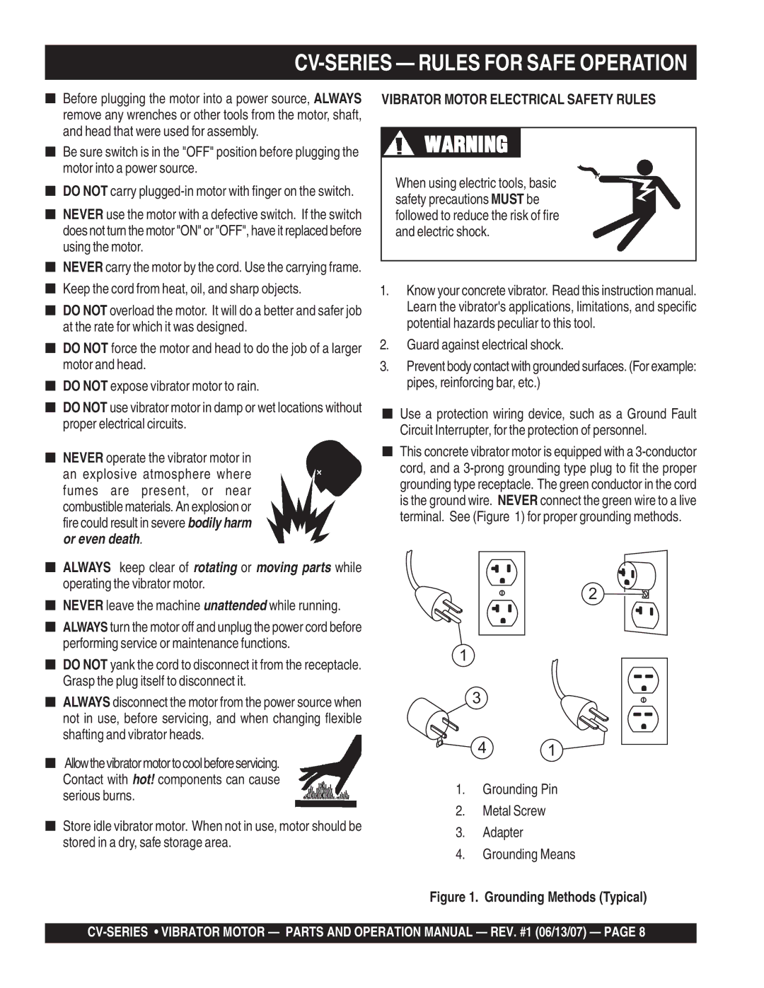 Multiquip CV-1 manual Keep the cord from heat, oil, and sharp objects, Vibrator Motor Electrical Safety Rules 