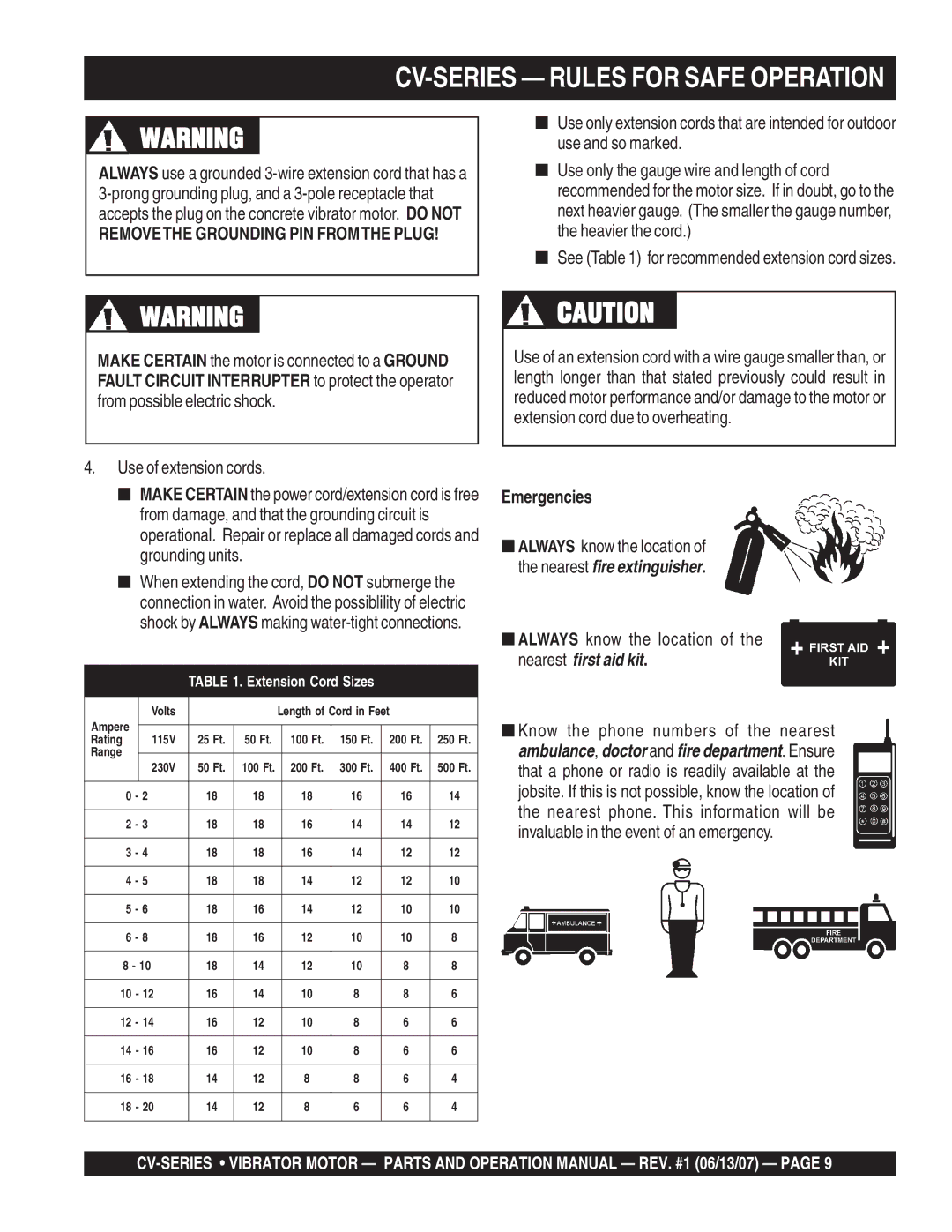 Multiquip CV-1 manual Removethe Grounding PIN Fromthe Plug, Use of extension cords, Emergencies 