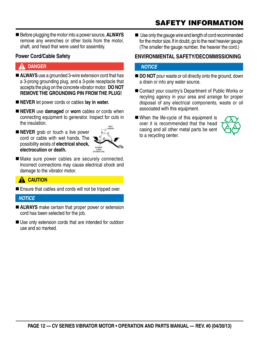 Multiquip CV1A manual Power Cord/Cable safety, EnVIRonmental saFetY/deCommIssIonIng, RemoVe tHe gRoundIng pIn FRom tHe plug 