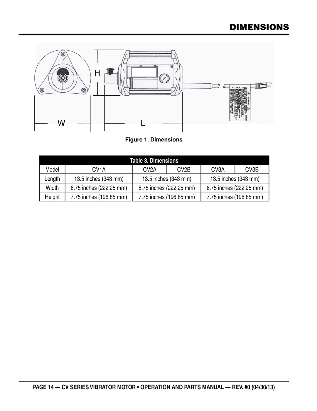 Multiquip CV2a/2B, CV1A, CV3A/3B manual Dimensions 