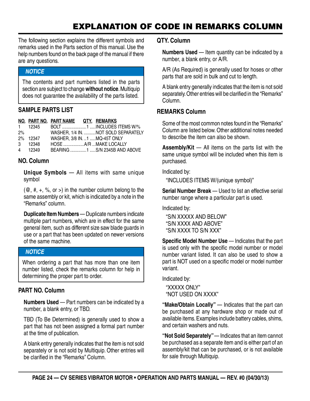 Multiquip CV1A, CV3A/3B, CV2a/2B manual Explanation of Code in Remarks Column 