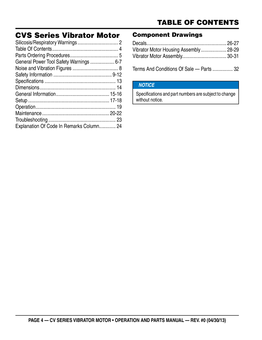 Multiquip CV3A/3B, CV1A, CV2a/2B manual CVS Series Vibrator Motor, Table of Contents 