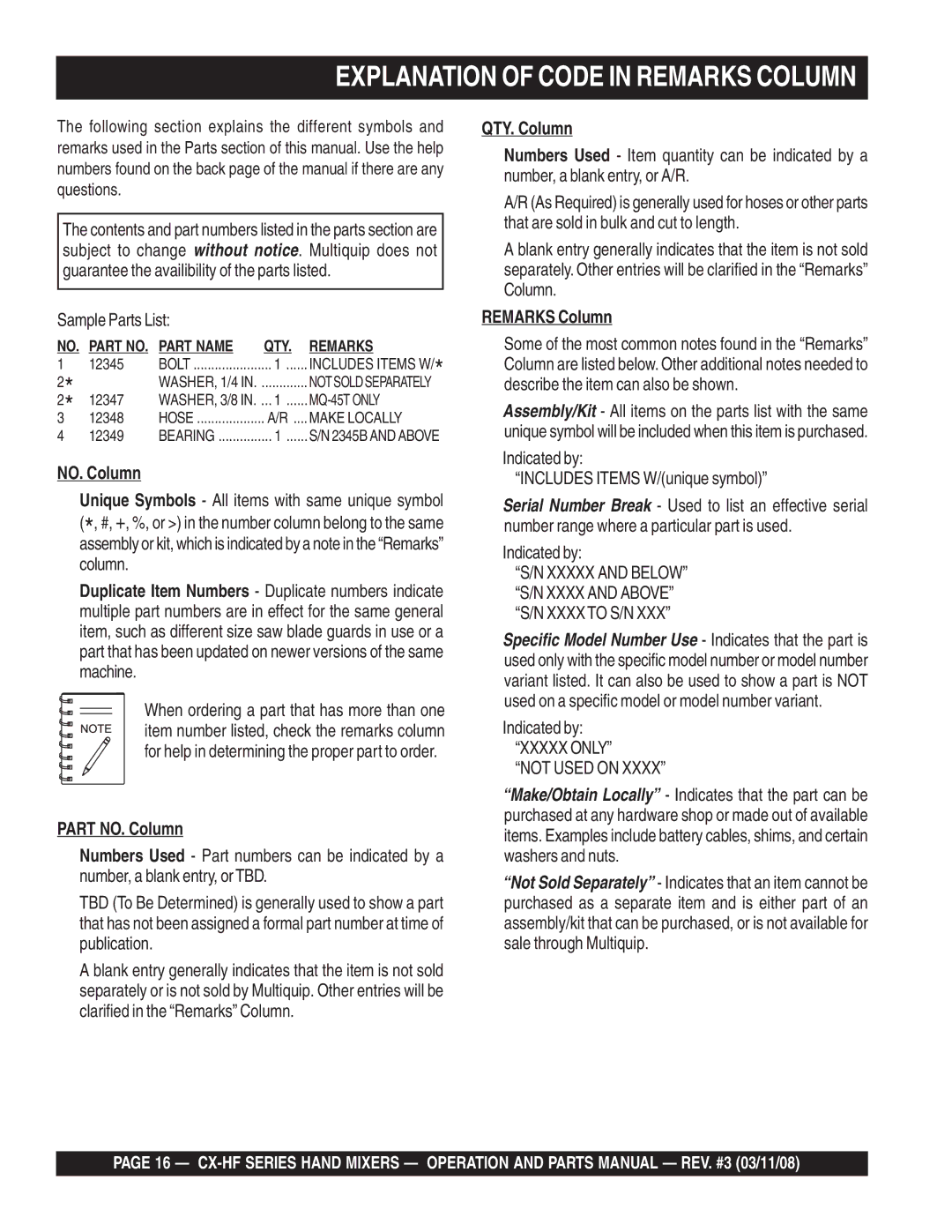 Multiquip CX400HFE, CX100HFE, CX300HF, CX600HFE manual Explanation of Code in Remarks Column, Sample Parts List 