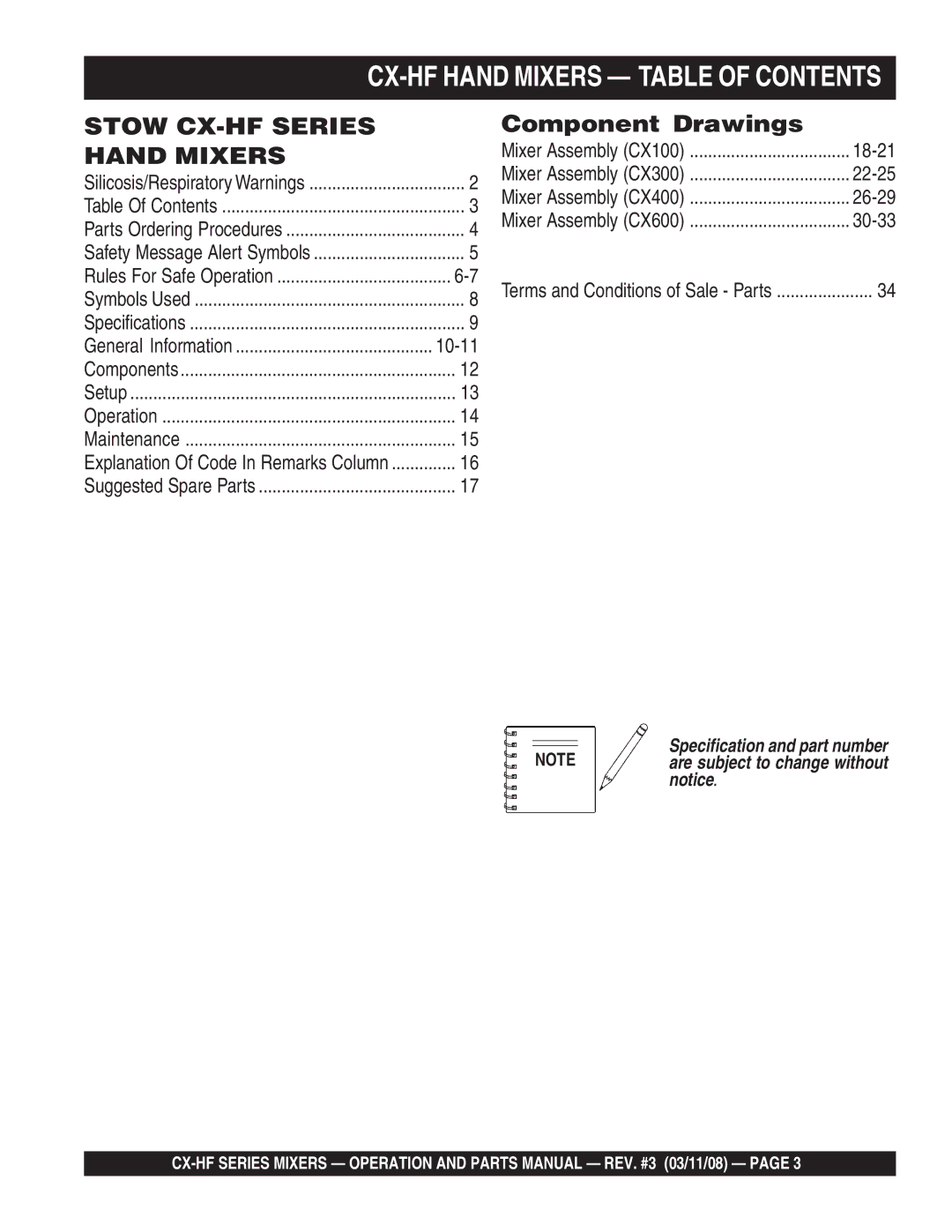 Multiquip CX300HF, CX100HFE, CX400HFE, CX600HFE manual CX-HF Hand Mixers Table of Contents 