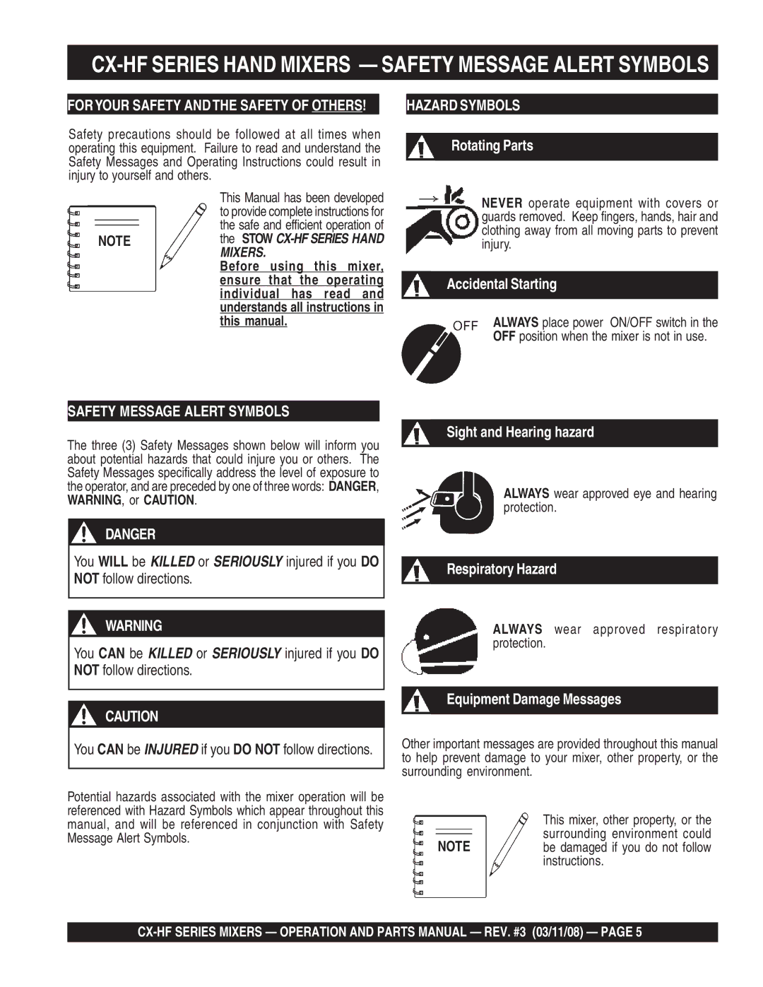 Multiquip CX600HFE, CX100HFE, CX300HF, CX400HFE manual CX-HF Series Hand Mixers Safety Message Alert Symbols 