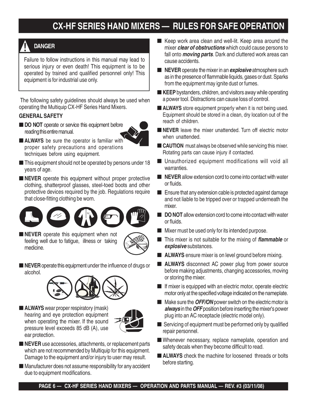 Multiquip CX100HFE, CX300HF, CX400HFE, CX600HFE manual CX-HF Series Hand Mixers Rules for Safe Operation, General Safety 