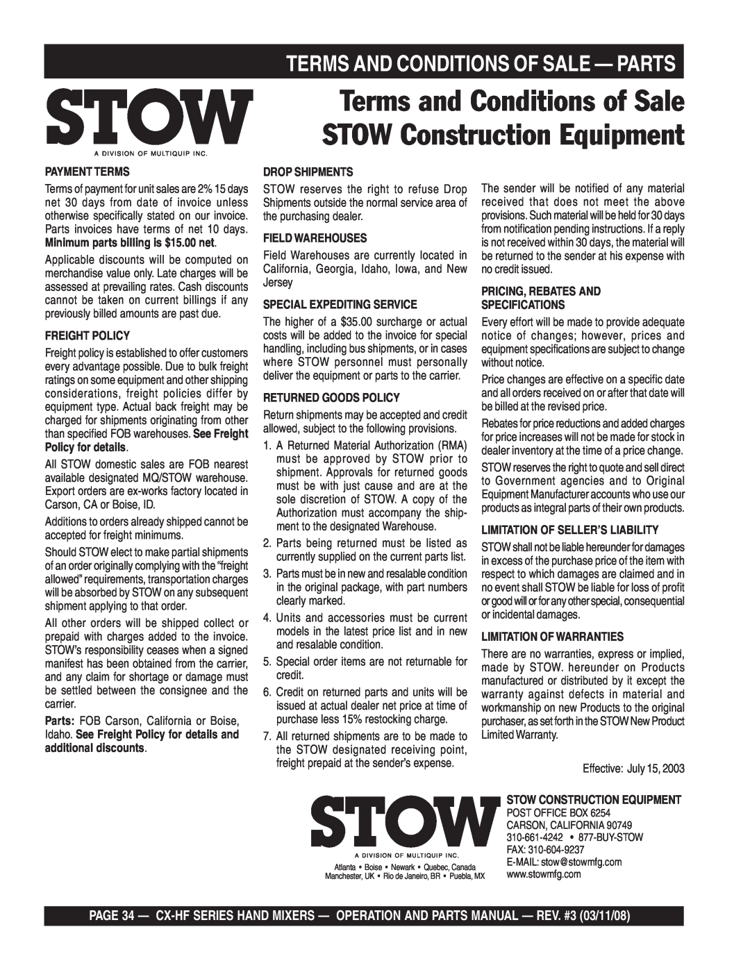 Multiquip CX400HFE, CX600HF Terms And Conditions Of Sale - Parts, Terms and Conditions of Sale STOW Construction Equipment 