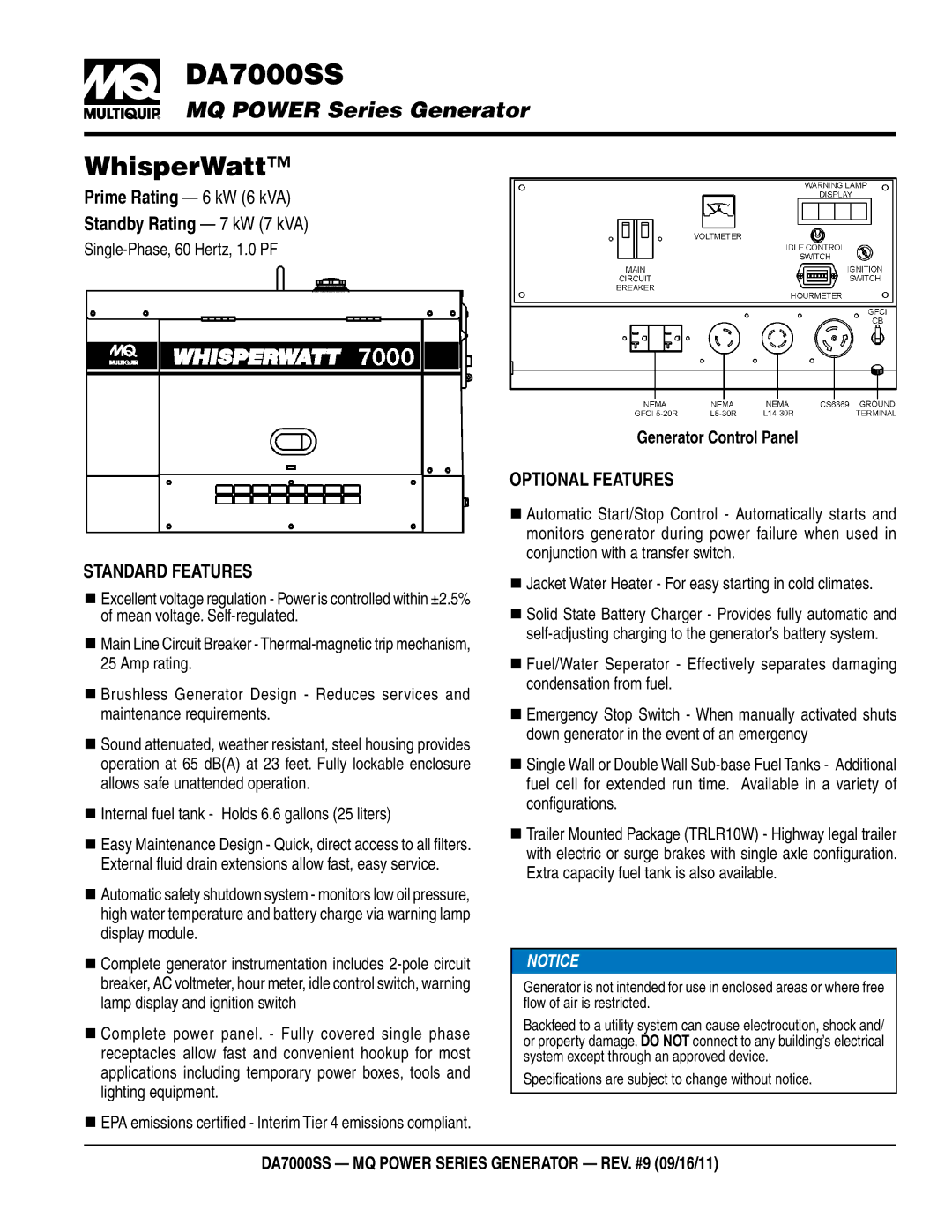 Multiquip DA7000SS specifications Standby Rating 7 kW 7 kVA, Standard Features, Optional Features, Generator Control Panel 