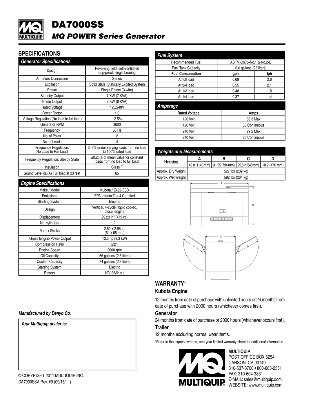 Multiquip DA7000SS specifications Specifications, Warranty, Kubota Engine, Generator, Trailer 