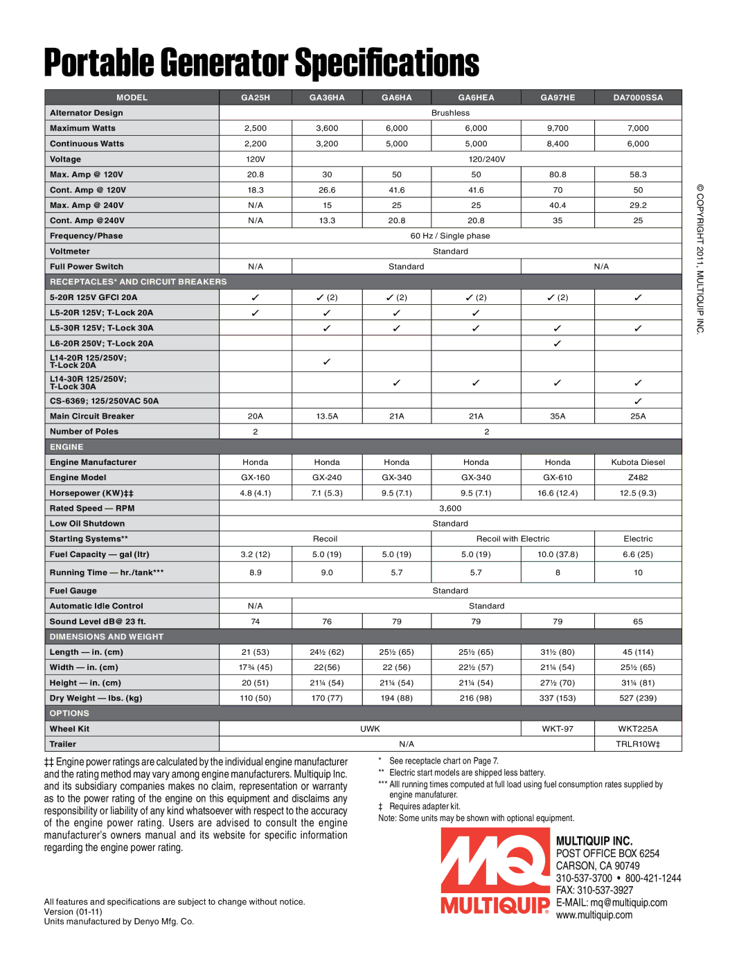 Multiquip DA7000SSA manual Portable Generator Specifications 