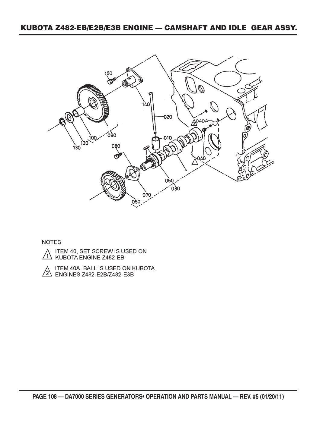 Multiquip DA7000WGH, DA700SSW manual Kubota Z482-EB/E2B/E3B Engine Camshaft and Idle Gear Assy 