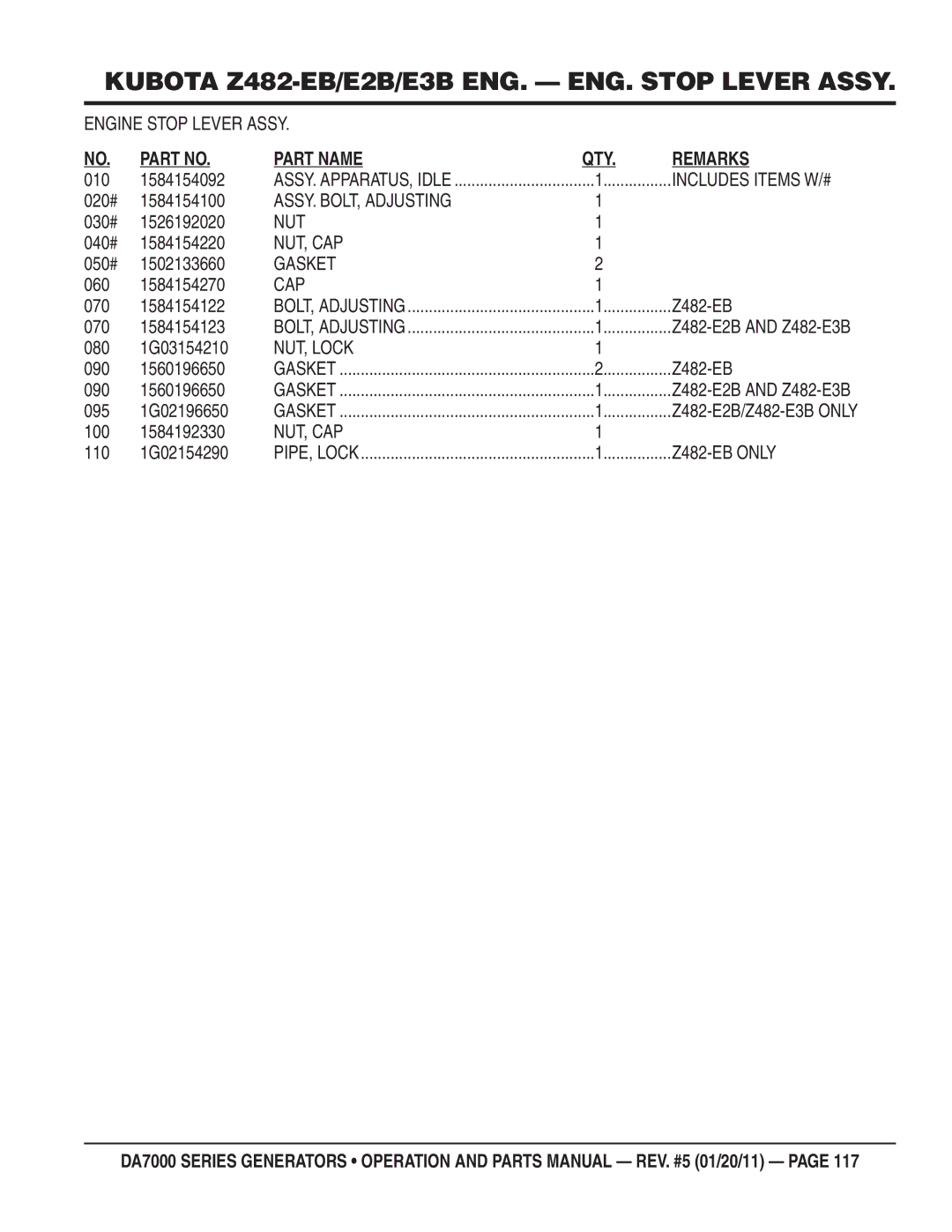 Multiquip DA700SSW, DA7000WGH manual Engine Stop Lever Assy, Cap, NUT, Lock, Z482-EB only 