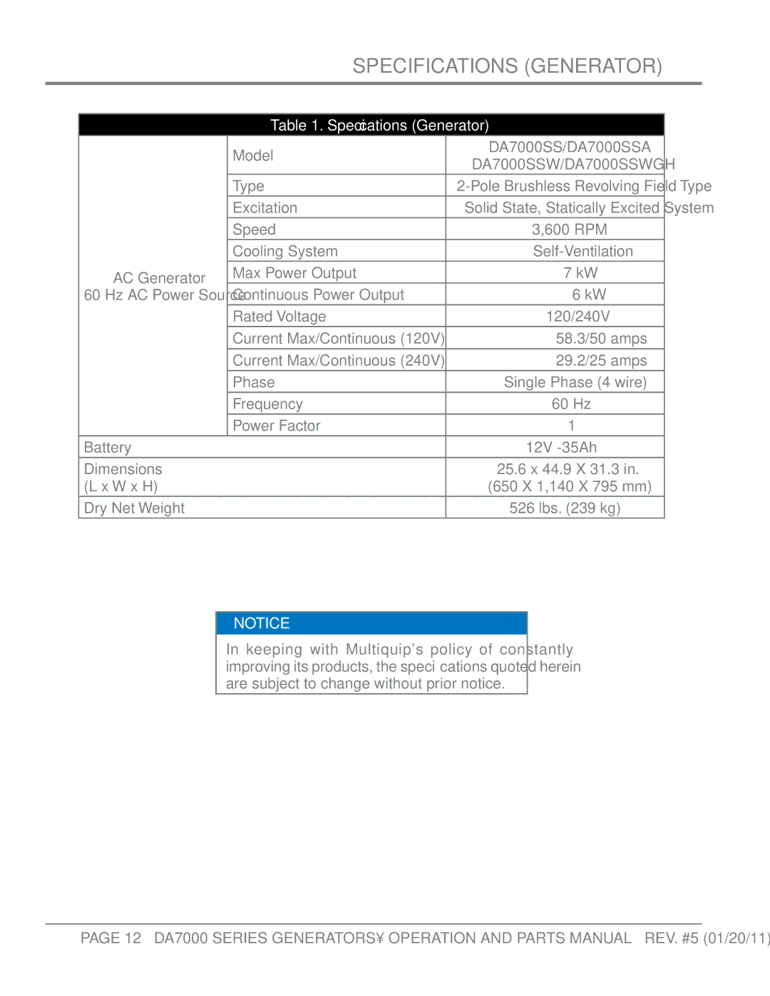 Multiquip DA7000WGH, DA700SSW manual Specifications Generator 