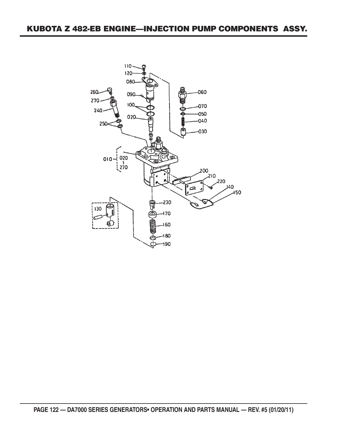 Multiquip DA7000WGH, DA700SSW manual Kubota Z 482-EB ENGINE-INJECTION Pump Components Assy 