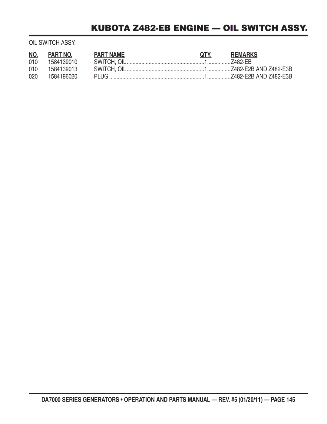 Multiquip DA700SSW, DA7000WGH manual OIL Switch Assy, 010 1584139010, 010 1584139013, 020 1584196020 