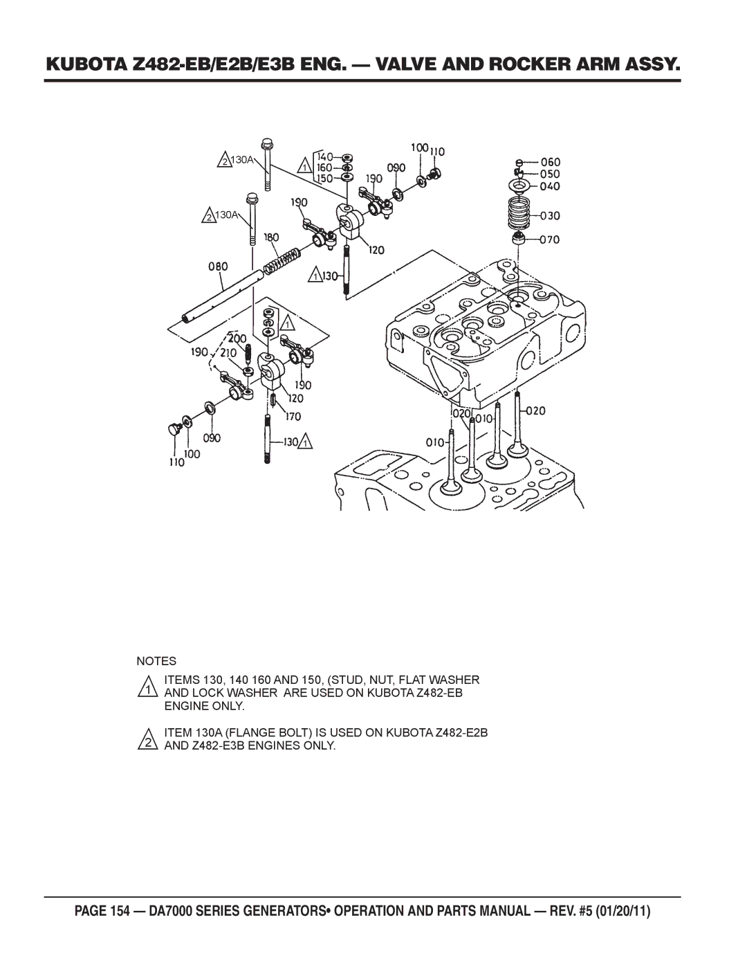 Multiquip DA7000WGH, DA700SSW manual Kubota Z482-EB/E2B/E3B ENG. Valve and Rocker ARM Assy 