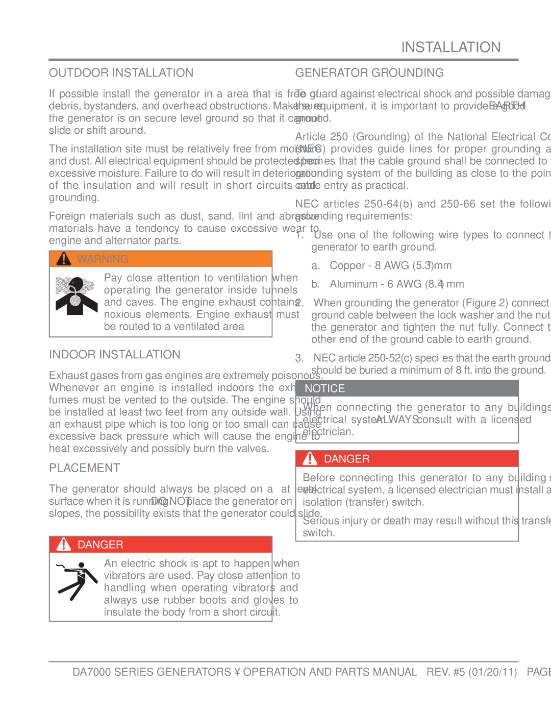Multiquip DA700SSW, DA7000WGH manual Outdoor Installation, Indoor Installation, Placement, Generator Grounding 