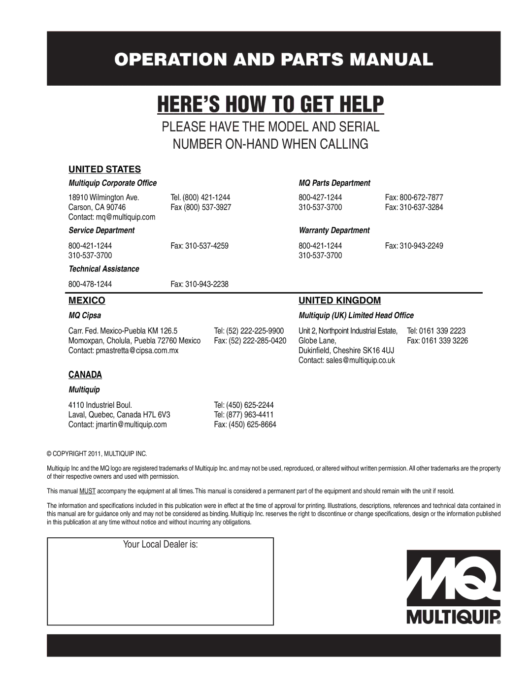 Multiquip DA7000WGH, DA700SSW manual HERE’S HOW to GET Help 