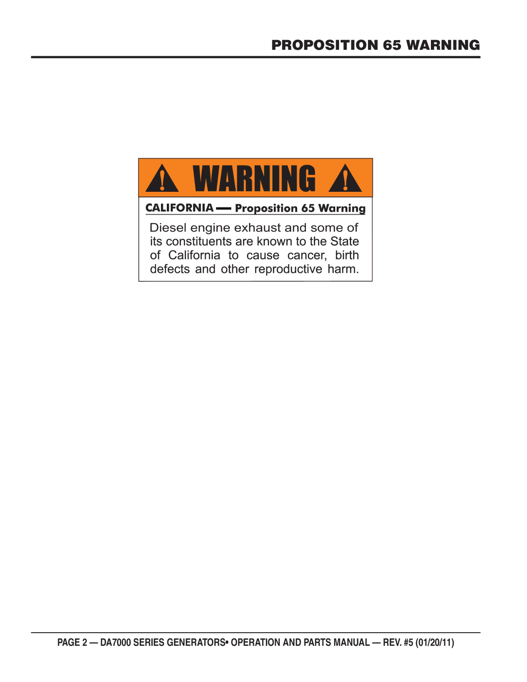 Multiquip DA7000WGH, DA700SSW manual Proposition 65 Warning 