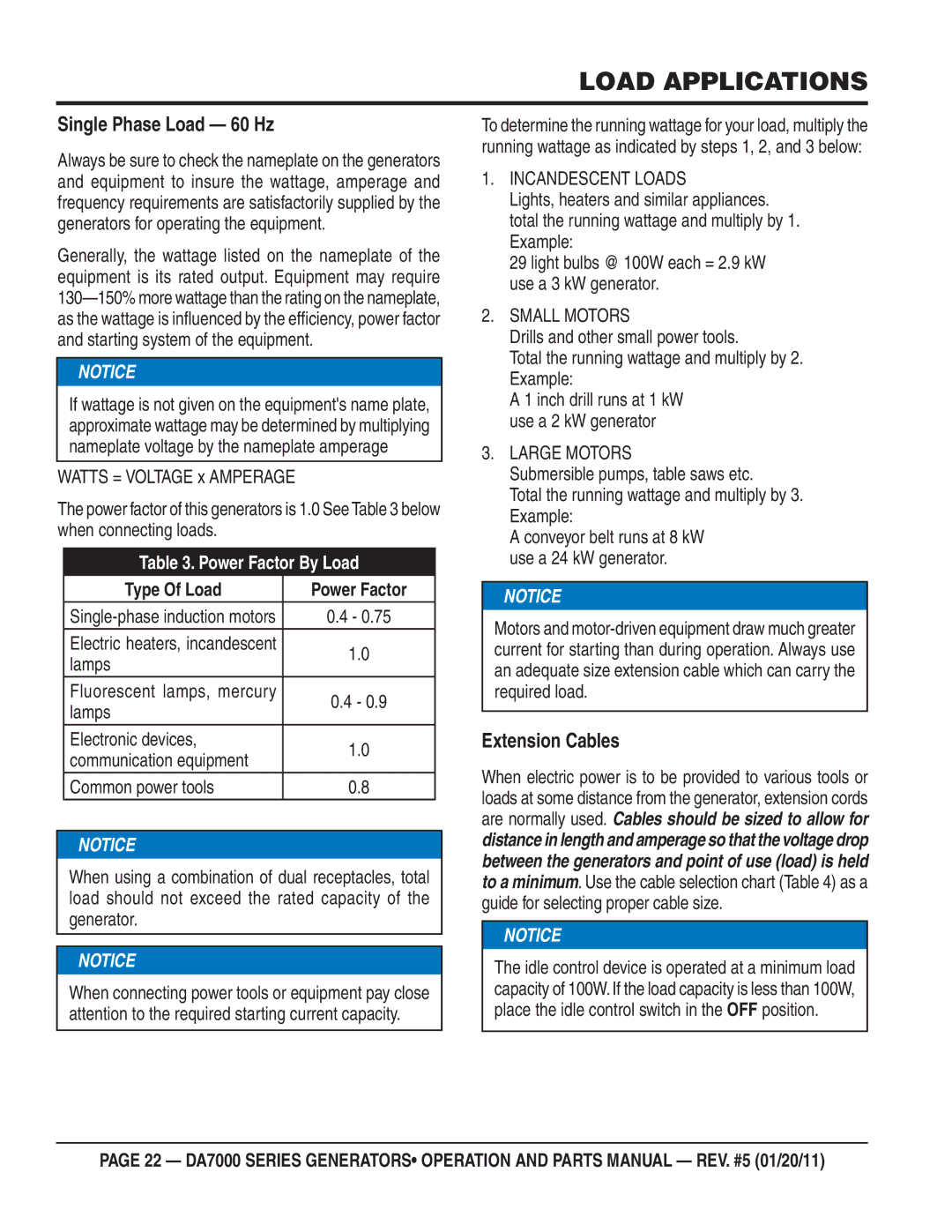 Multiquip DA7000WGH, DA700SSW manual Load Applications, Single Phase Load 60 Hz, Extension Cables 