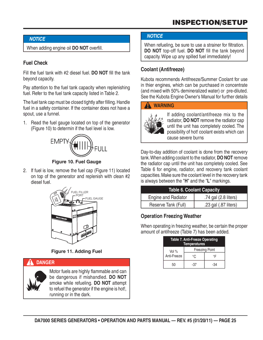 Multiquip DA700SSW, DA7000WGH manual Fuel Check, Coolant Antifreeze, Operation Freezing Weather 