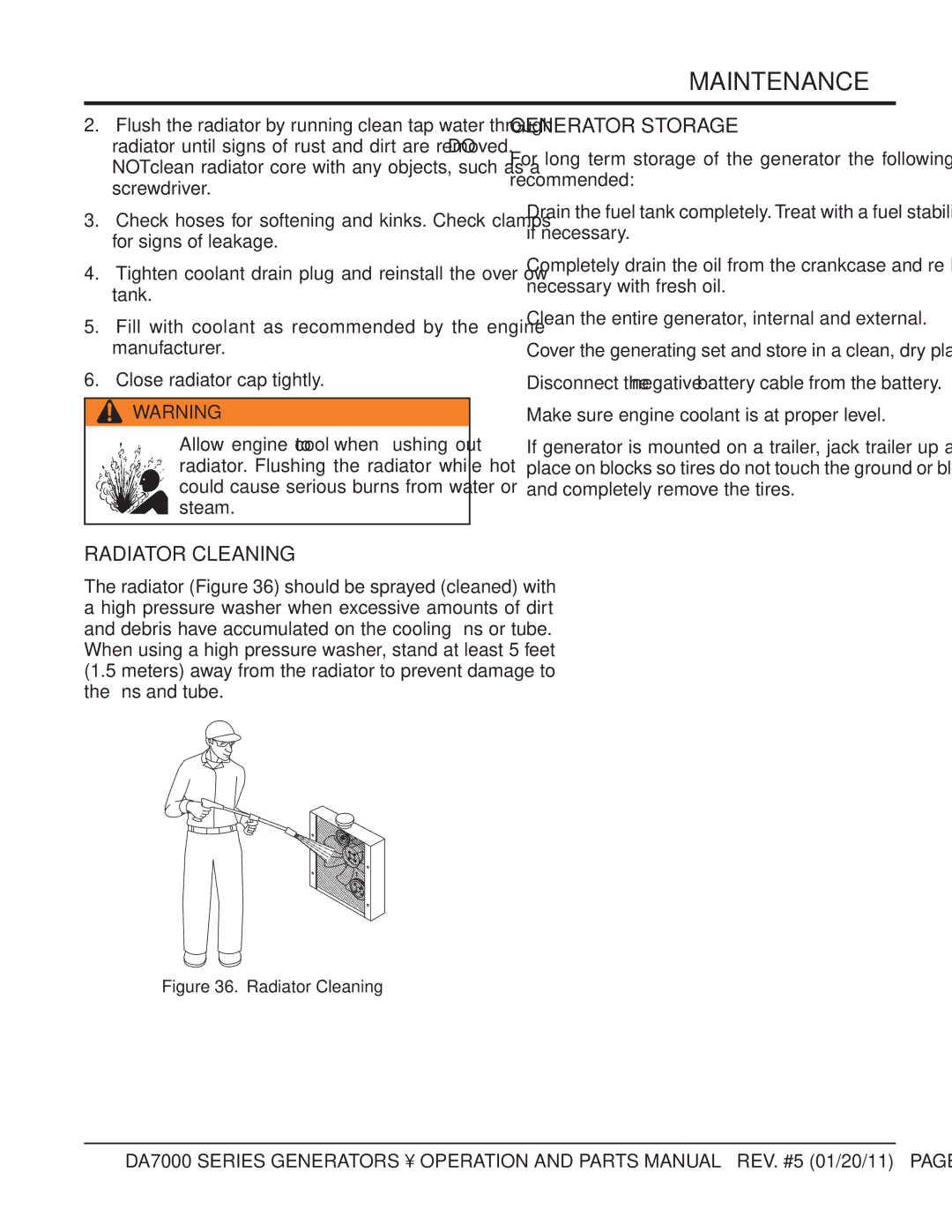 Multiquip DA700SSW, DA7000WGH manual Radiator Cleaning, Generator Storage,  Make sure engine coolant is at proper level 