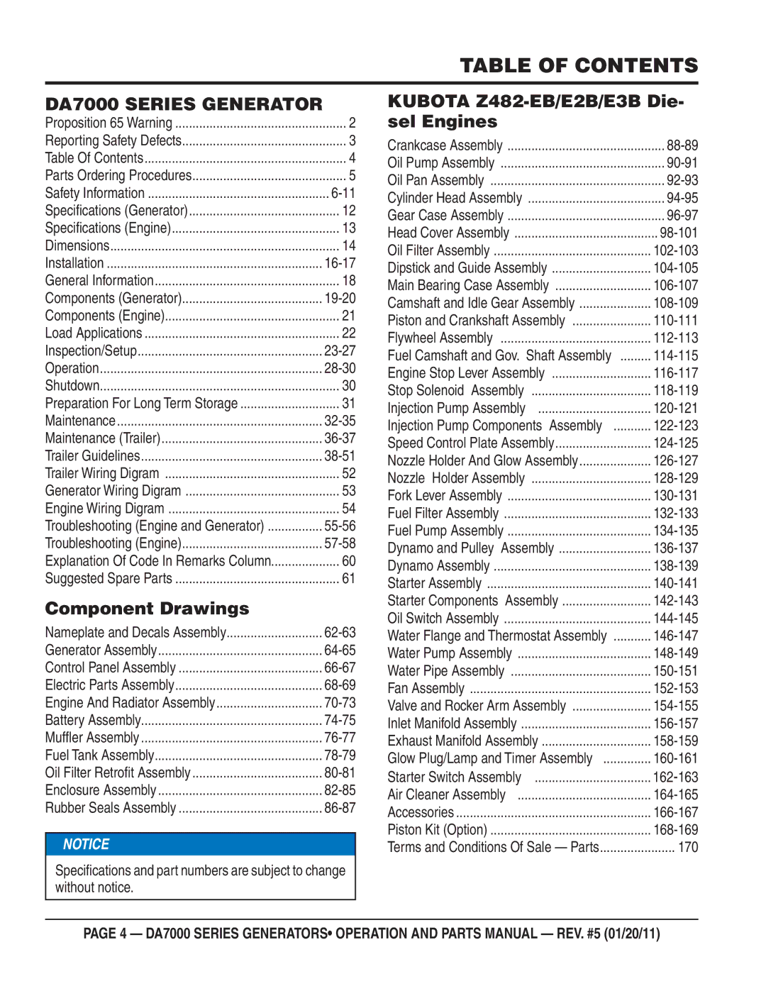 Multiquip DA7000WGH, DA700SSW manual Table of Contents 