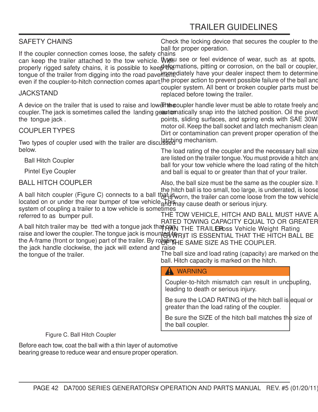 Multiquip DA7000WGH, DA700SSW manual Safety Chains, Jackstand, Coupler Types, Ball Hitch Coupler 