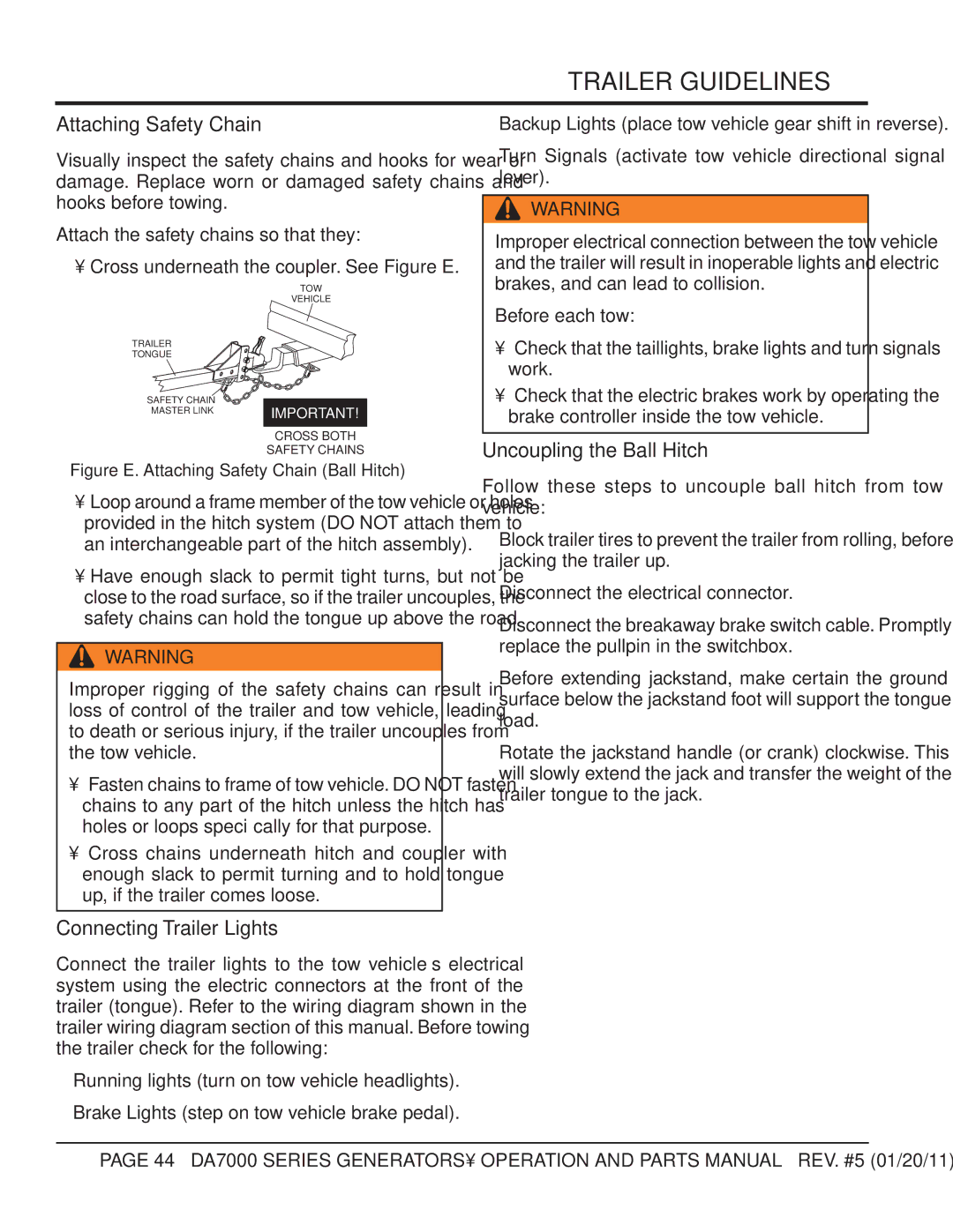 Multiquip DA7000WGH, DA700SSW manual Attaching Safety Chain, Connecting Trailer Lights, Uncoupling the Ball Hitch 
