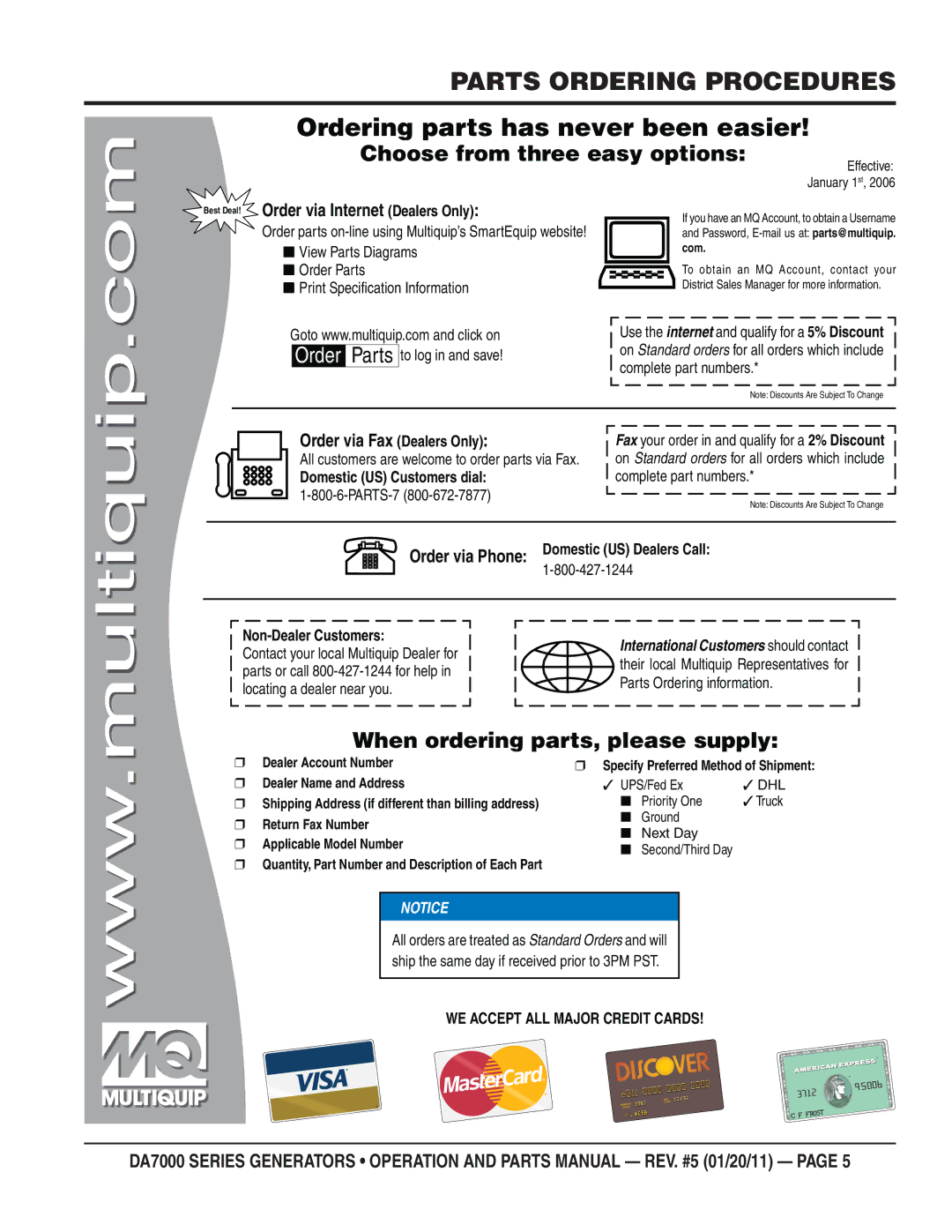 Multiquip DA700SSW, DA7000WGH manual Parts Ordering Procedures, Ordering parts has never been easier 