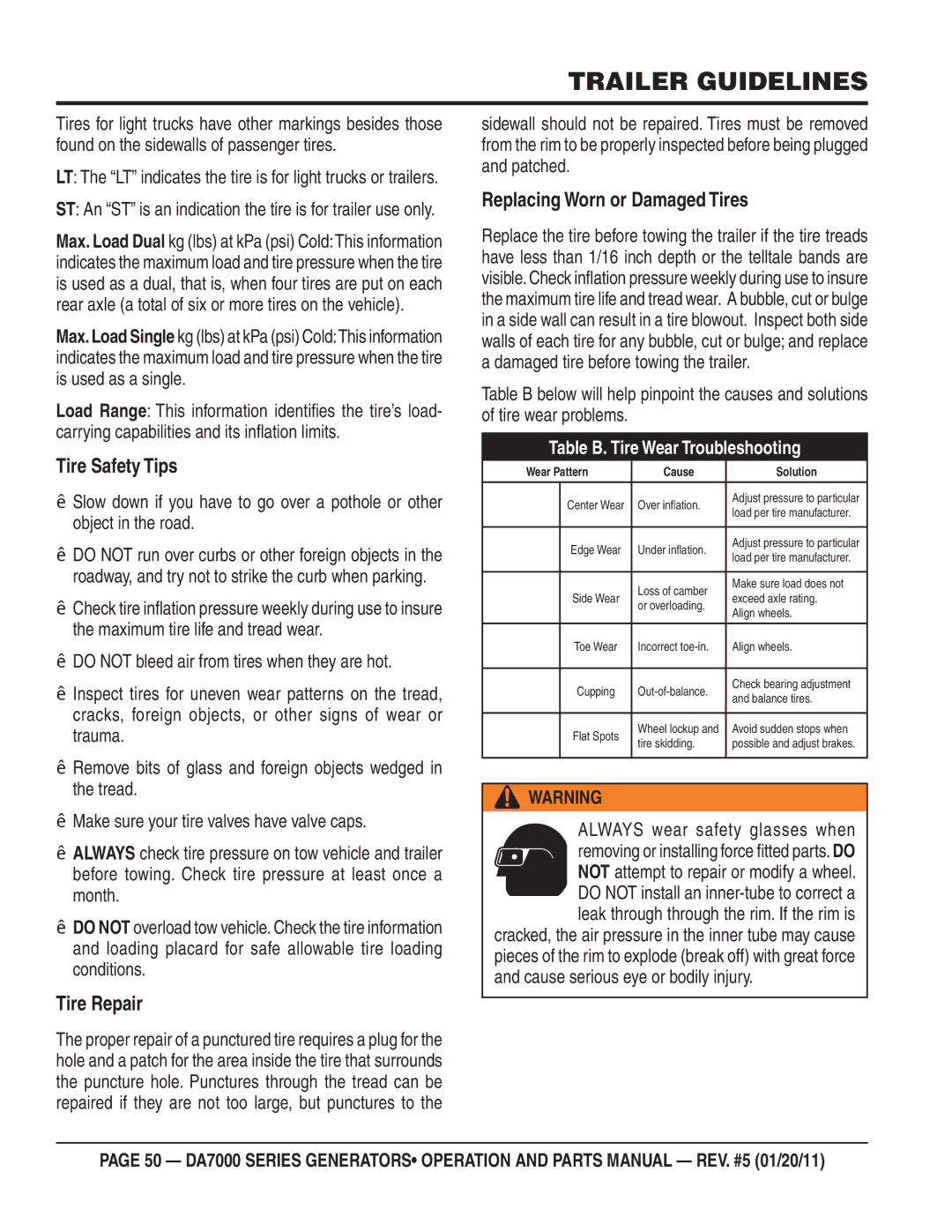 Multiquip DA7000WGH, DA700SSW manual Tire Safety Tips, Tire Repair, Replacing Worn or Damaged Tires 